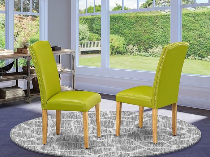 East West Furniture ENP4T51 Encinal Parsons Dining Chairs - Nailhead Trim Autumn Green Faux Leather Upholstered Chairs, Set of 2, Oak