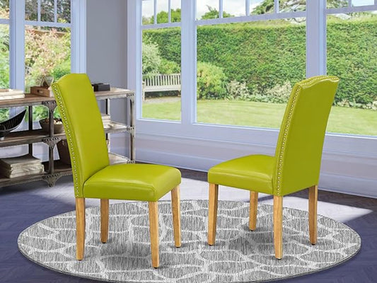 East West Furniture ENP4T51 Encinal Parsons Dining Chairs - Nailhead Trim Autumn Green Faux Leather Upholstered Chairs, Set of 2, Oak