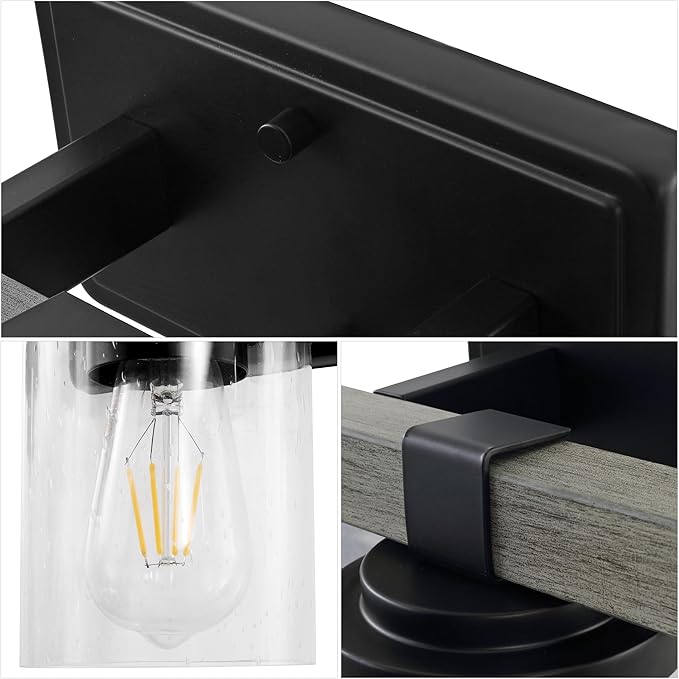 JONATHAN Y 22.75" Black/Gray Oak Wood Finish LED Vanity Light, Rustic Farmhouse Sconce, Clear Seeded Glass Shade, Industrial Wall Lamp for Bathroom Mirror, Kitchen Sink, LED Bulb (JYL7509B)