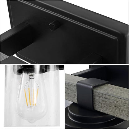JONATHAN Y 15" Black/Gray Oak Wood Finish LED Vanity Light, Rustic Farmhouse Sconce, Clear Seeded Glass Shade, Industrial Wall Lamp for Bathroom Mirror, Kitchen Sink, LED Bulb (JYL7508B)