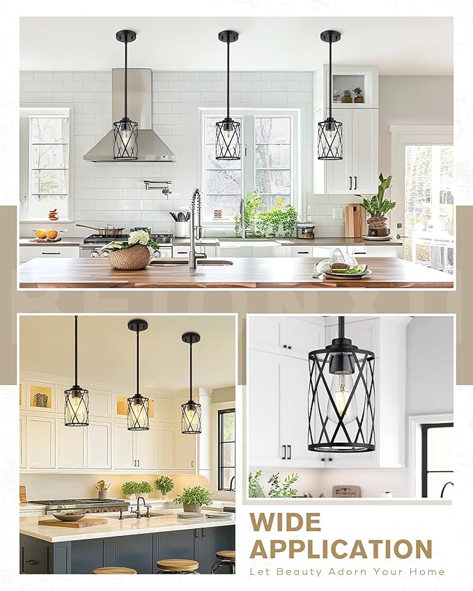 Beionxii Glass Pendant Lights Kitchen Island, Black Modern Kitchen Pendant Lighting Over Island, Farmhouse Industrial Cage Hanging Lighting with Clear Glass for Sink, Dining Room, BX-PL07BK