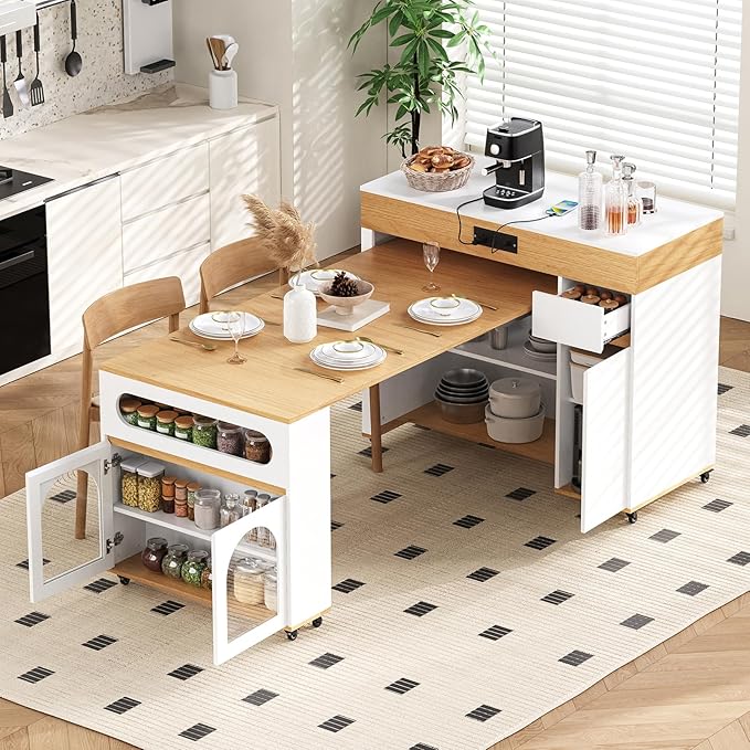 Extendable Kitchen Island with Extended Dining Table and Power Outlet, Rolling Kitchen Island with Drawers, and Brake Lock, Storage Cabinet for Kitchen and Dining Room (Natural + Creamy White)