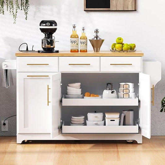 Merax 59.3" White Kitchen Island with Storage, 2 Pull Out Cabinet Organizers & Rubber Wood Drop Leaf, Rolling Island Table with Trash Can Storage, Power Outlet, Spice & Towel Rack for Kitchen Dining