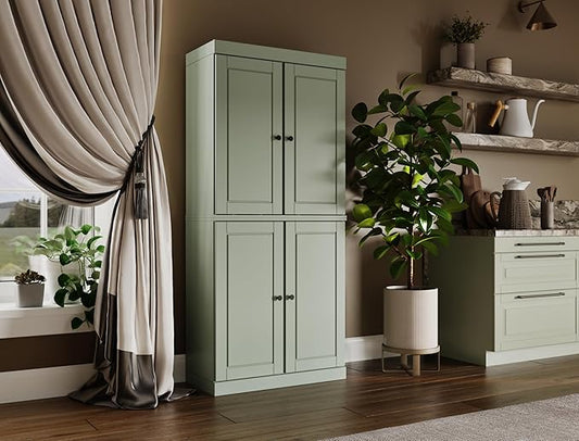 Palace Imports Solid Wood Kitchen Pantry Cabinet - 71.5" Tall x 32" Wide - Wooden Storage Cabinet with 4 Doors & Adjustable Shelves, Sage, 100% Renewable Eco-Friendly Wood, Made in Brazil