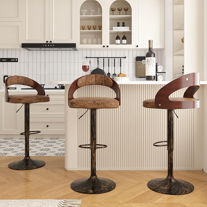 VECELO Bar Stools Set of 2,Adjustable Counter Height Stools with Bentwood Back,Armrest&Footrest,Swivel PU Leather Bar Chairs for Kitchen Island,Coffee Shop and Salon,Crescent Curve, Rustic Brown