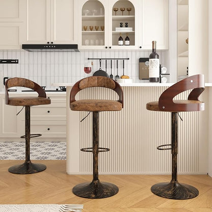 VECELO Bar Stools Set of 2,Adjustable Counter Height Stools with Bentwood Back,Armrest&Footrest,Swivel PU Leather Bar Chairs for Kitchen Island,Coffee Shop and Salon,Crescent Curve, Rustic Brown