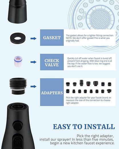 Metal Kitchen Faucet Head Replacement - with 15 Adapters, Pull Down Spray Head for Kitchen Faucet, 3 Function Sprayer Nozzle Stainless Steel, Matte Black