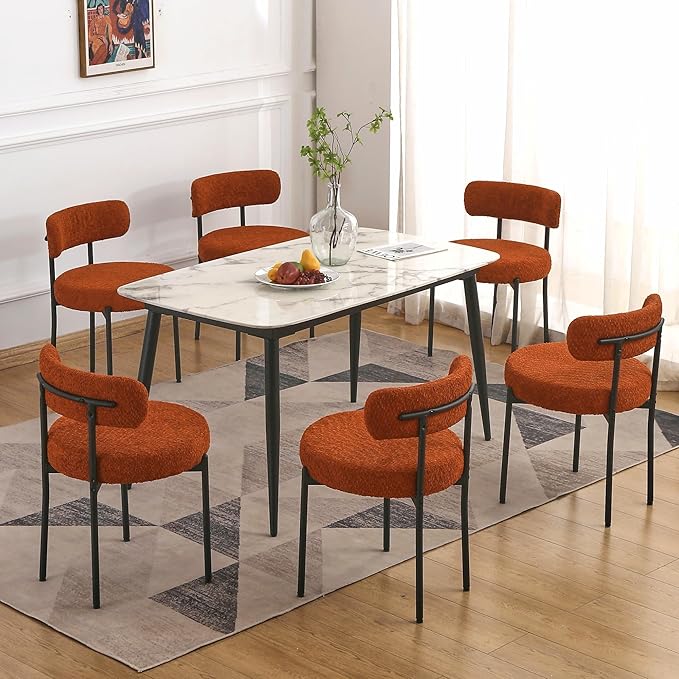 EDWELL Orange Dining Chairs Set of 2, Upholstered Dining Room Chairs, Curved Backrest Boucle Dining Chair for Kitchen, Living Room, Mid-Century Modern Kitchen Chairs with Black Metal Legs