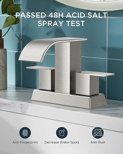FORIOUS 4 Inch Centerset Brushed Nickel Bathroom Faucet, 2 or 3 Hole Waterfall Square Bathroom Sink Faucet with Metal Pop-up Drain and Supply Lines, Two Handles for Vanity, Lavatory Room, Pedestal