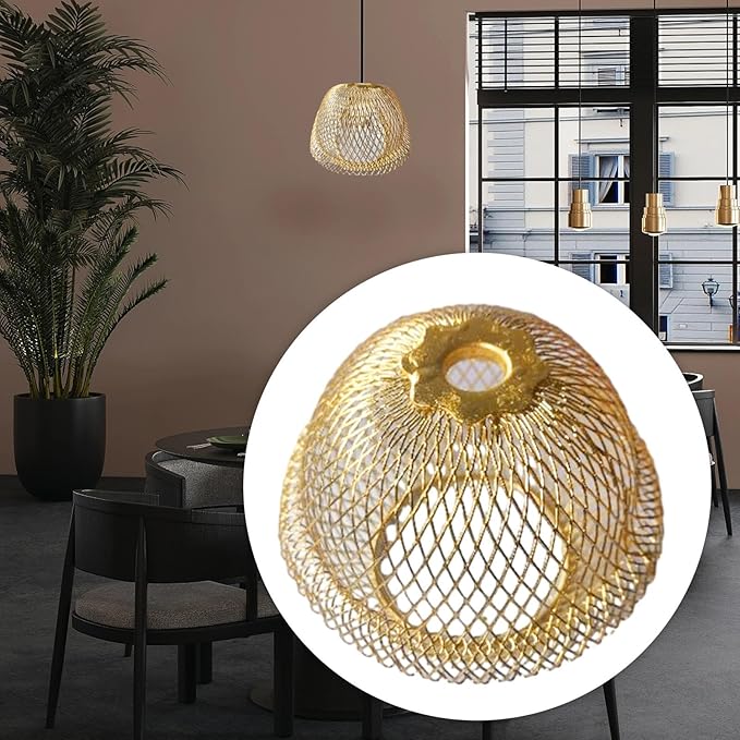 Iron Wire Lampshade Pendant Light Lamp Cover Hanging Light Fixture Retro Style Chandelier Shade Mesh Lamp Shade for Cafe Bar Home Decoration, Gold