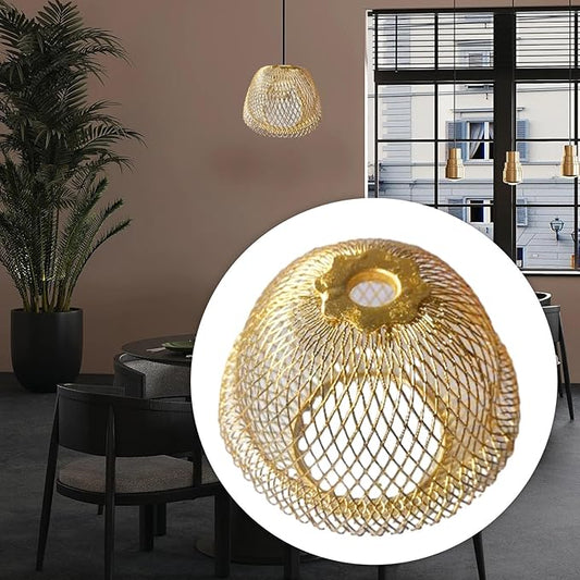 Iron Wire Lampshade Pendant Light Lamp Cover Hanging Light Fixture Retro Style Chandelier Shade Mesh Lamp Shade for Cafe Bar Home Decoration, Gold