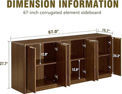 Ball & Cast 67" Modern Fluted Sideboard Buffet Cabinet with Storage,Curved Design Kitchen Coffee Bar Cabinet with 6 Doors & Shelves,Wood Credenza Cabinets Media Console for Living Room,Walnut