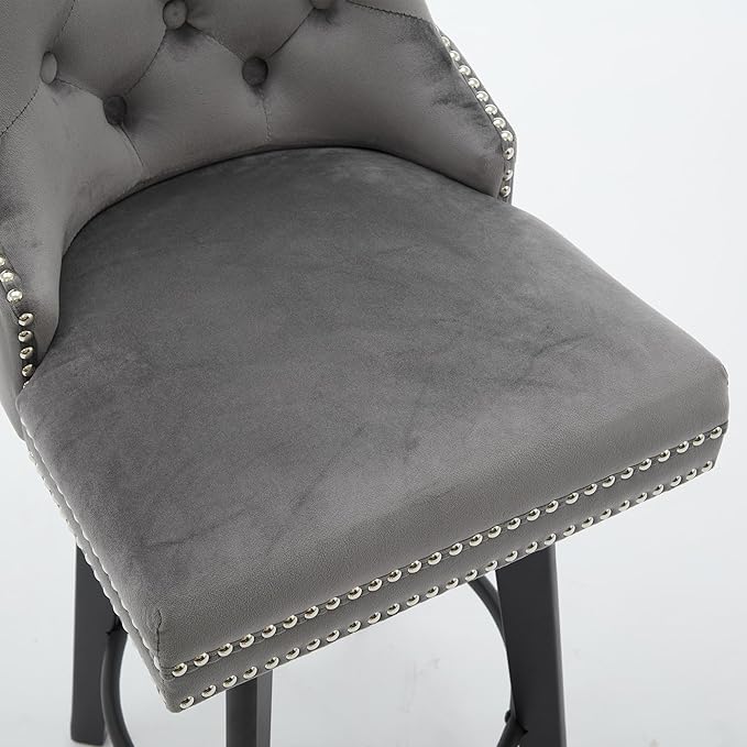 Swivel Bar Stools Velvet Bar stools Button Tufted Bar Stools Rivet Trim Bar Stools for Kitchen Island,Bistro, with Metal Pull Ring Sturdy Footrest Large Backrest for Home Bar,Dark Gray 2pcs