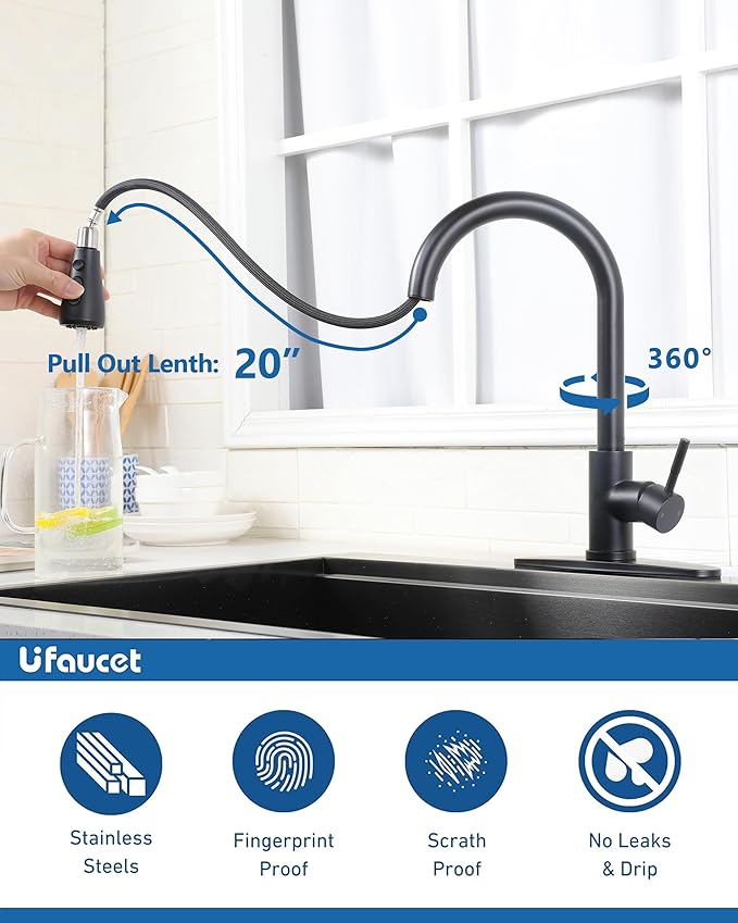 Matte Black Kitchen Faucet with Pull Down Sprayer, Modern Stainless Steel Single Handle Pull Down RV Farmhouse Bar Laundry Kitchen Sink Faucet with Deck Plate for 1 or 3 Hole, UF-KYT010B-D