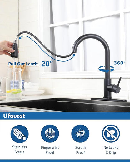 Matte Black Kitchen Faucet with Pull Down Sprayer, Modern Stainless Steel Single Handle Pull Down RV Farmhouse Bar Laundry Kitchen Sink Faucet with Deck Plate for 1 or 3 Hole, UF-KYT010B-D