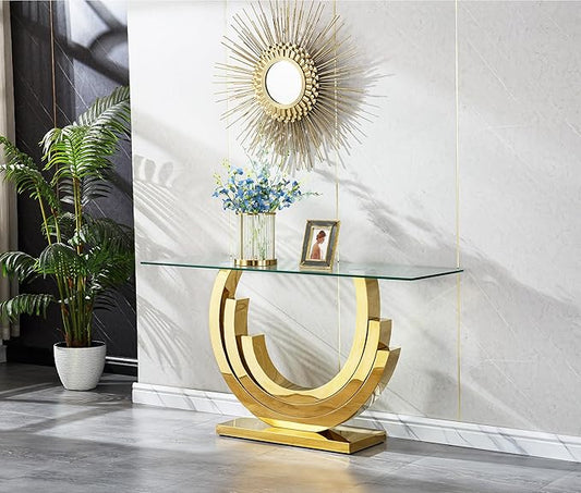 Modern Glass Console Table, 55" Entryway Sofa Table with Gold Stainless Steel Frame and Clear Tempered Glass Top, Rectangular Console Table Accent Entryway Table for Living Room