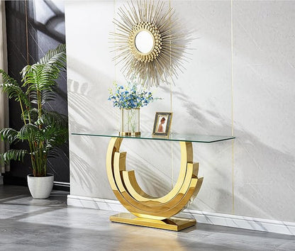 Glass Living Room Table Set of 2, Modern Glass Coffee Table with 1 Console Tables Set for Apartment, Luxury Coffee Table Sets Perfect for Living Room, Stainless Steel Frame