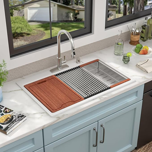 33 Granite Composite Kitchen Sink Double Bowl - Fulorni 33"x22" Granite Kitchen Sink White Ledge Workstation Drop in Topmount Double Bowl 50/50 Quartz Classic Above Counter Basin