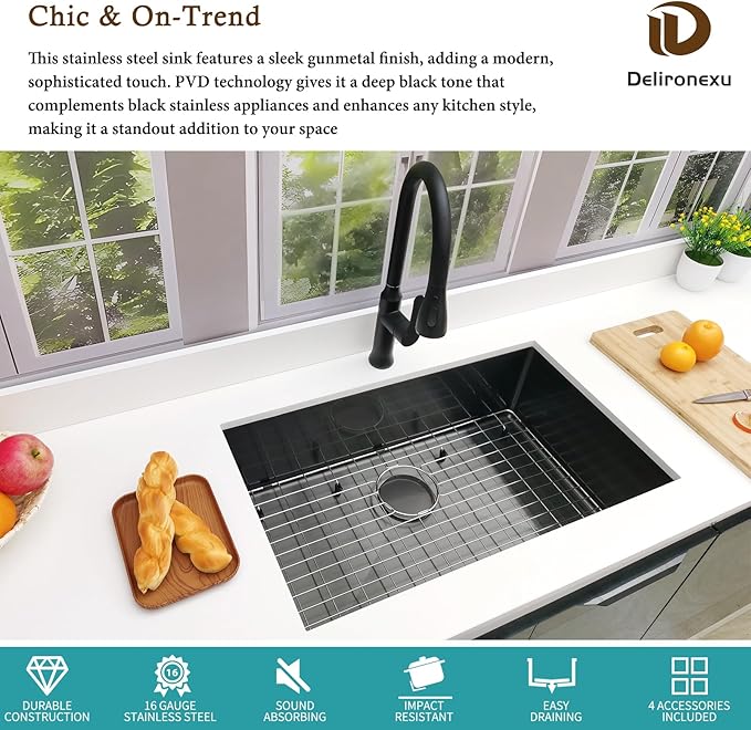 30 Inch Black Undermount Kitchen Sink - Delironexu Single Bowl Kitchen sinks, 16 Gauge Stainless Steel kitchen Sink Black with 4 Accessories, 30"x18"x9", Modern Design