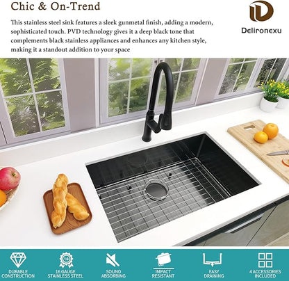 30 Inch Black Undermount Kitchen Sink - Delironexu Single Bowl Kitchen sinks, 16 Gauge Stainless Steel kitchen Sink Black with 4 Accessories, 30"x18"x9", Modern Design