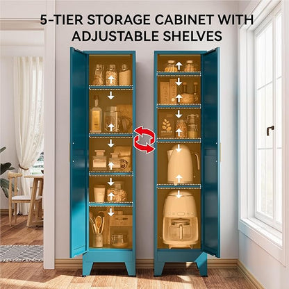 67" Tall Storage Cabinet with Reversible Doors and Adjustable Shelves,Metal Slim Freestanding Cabinet for Bathroom Kitchen Garage Small Spaces,Blue,5-Tier 1 Pack