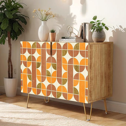 SIGNWIN Sideboard Buffet Cabinet, Kitchen Storage Cabinet with 2 Doors, Orange & Brown Retro Polygon Pattern, Cupboard Console Table for Dining Room - 35" L x 18" W x 29" H
