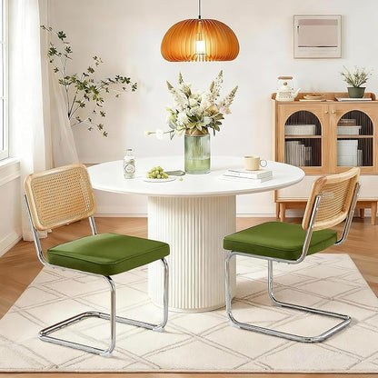 Rattan Back Velvet Dining Chair Set of 2 Modern Breuer Designed Stainless Chrome Base Armless Upholstered Dining Chair for Dining Room, Kitchen Island(Olive Green)