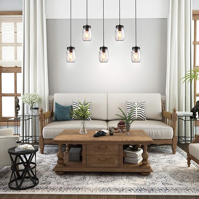 LNC Farmhouse Mason Jar Chandelier, 5-Light Adjustable Rustic Pendant Chandeliers Hanging Light Fixture for Kitchen Island and Dining Room Brown