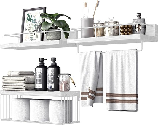PopiShelves Bathroom Shelves Over Toilet for Wall, Floating Shelves with Storage Basket Paper Holer for Kitchen Living Room, Bedroom & Classroom, Set of 3 (White)