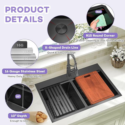 LQS 33 Inch Black Drop in Kitchen Sink, Spacious 33 x 22 Drop In Kitchen Sink 50/50 Double Bowl, 16 Gauge Handmade Black Stainless Steel Kitchen Sink with Practical Accessories, R15 Round Corner