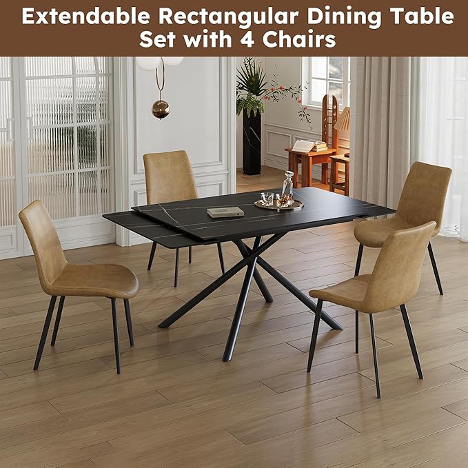 Runboll Extendable Rectangular Dining Table Set for 4, 47"-71" Modern Sintered Stone Kitchen Table with 4 Chairs and Carbon Steel Legs for Dining Room Family Gathering