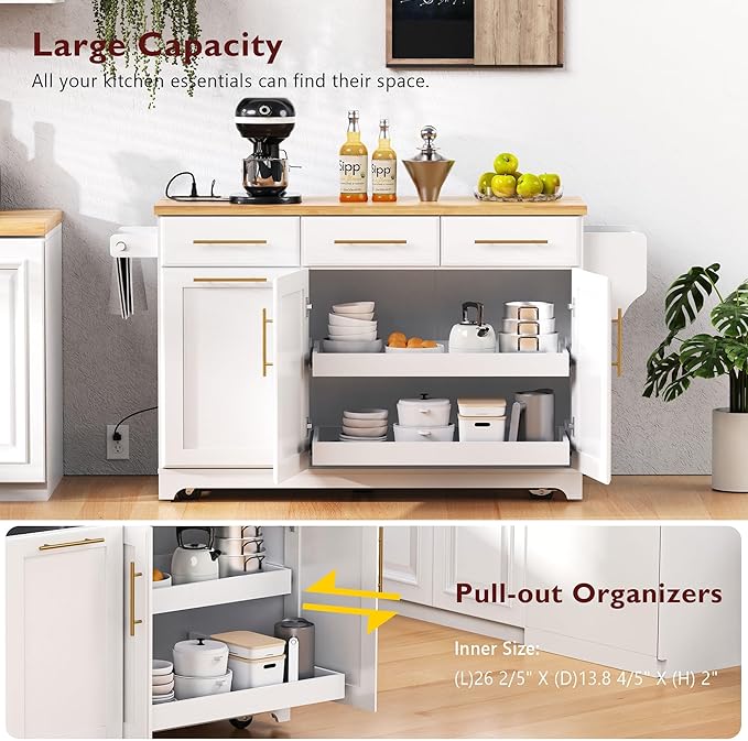 JIJIWANG 59.3" Kitchen Island with Storage 2 Pull Out Cabinet Organizers & Rubber Wood Drop Leaf, Rolling Island with Trash Can Storage, Power Outlet, Spice & Towel Rack for Kitchen, Dining, White