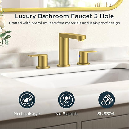 FORIOUS Brushed Gold Bathroom Faucets 3 Hole, 8 Inch Widespread Bathroom Sink Faucet with Pop-up Drain and cUPC Supply Lines for Basin, Vanity, Laundry Room, Restroom and RV