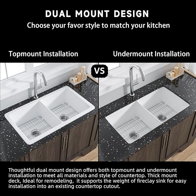 Miuara White Undermount Kitchen Sink 32 Inch Double Bowl 50/50 - Topmount Fireclay Drop In Sink 32"x19"x10", Dual Mount, Heavy Duty Dual Basin, with 4 Custom Accessories, Glossy White, for Kitchen