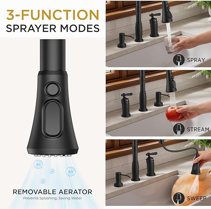 FORIOUS 3 Hole Black Kitchen Faucet with Soap Dispenser, Stainless Steel Vintage Pull Down Sprayer Kitchen Sink Faucet with Single Seperate Handle, Suitable for Farmhouse Outdoor Camper Rv Bar