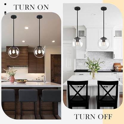 Bagood 8 Inch Black Mid Century Pendant Light Globe Clear Glass Fixture Lights Kitchen Island Globe Pendant Light Mid Century Adjustable Hanging Farmhouse Lights Fixtures for Kitchen Island