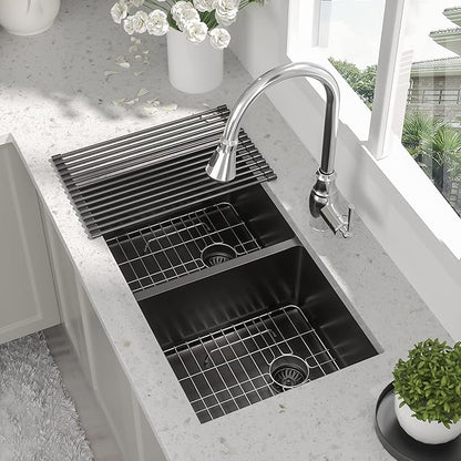 33 Inch Black Undermount Kitchen Sink - Beslend 33”x19”x10” Stainless Steel Gunmetal Black 16 Gauge 10 Inch Deep 50/50 Double Bowl Kitchen Sink Basin, 33 Inch-50/50