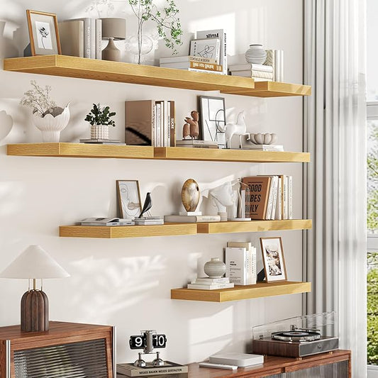 Oak Floating Shelves for Wall, 55 Inch Floating Shelves Set of 2, Wall Mounted Rustic Wood Shelf for Bathroom, Living Room, Bedroom and Kitchen, Hanging Shelf for Storage, Books, Home Decor