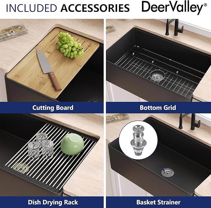 DeerValley Black Farmhouse Sink for Kitchen 33 inch, Fireclay Farmhouse Single Bowl Kitchen Sink, Front Apron Workstation Sinks with Grid, Strainer & Workstation Accessories