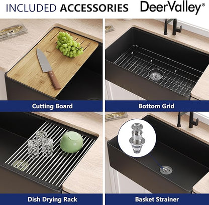 DeerValley Black Farmhouse Sink for Kitchen 33 inch, Fireclay Farmhouse Single Bowl Kitchen Sink, Front Apron Workstation Sinks with Grid, Strainer & Workstation Accessories