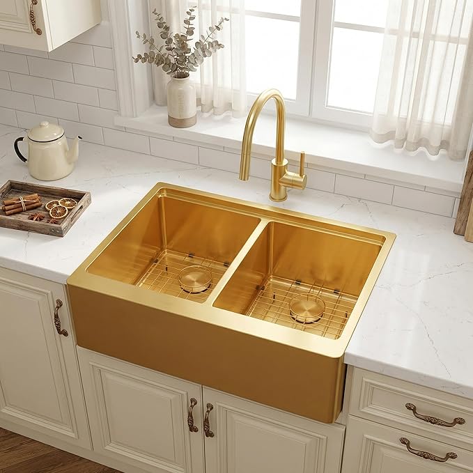 MILOSEN 30 Inch Gold Farmhouse Kitchen Sink, 30''x22'' Drop-in Stainless Steel Workstation Apron Front Sink with Ledge & Accessories, 50/50 Double Bowl Farm Sinks, 10'' Large and Deep Handmade Sinks