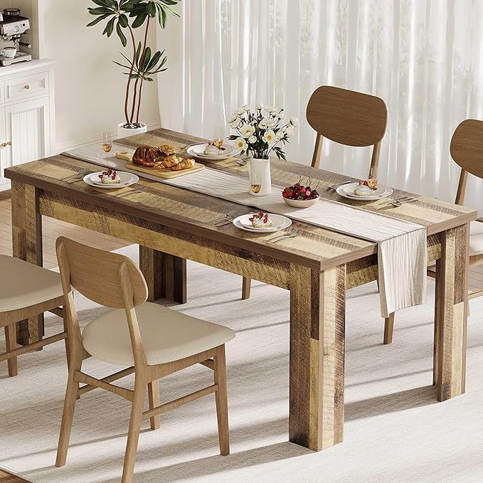 GarveeHome 63 in Dining Table for 4-6, Farmhouse Dinner for 4, Dinner Table, Kitchen with Large Tabletop, Rectangular Dining Room for Kitchen, Living Room, Retro Brown