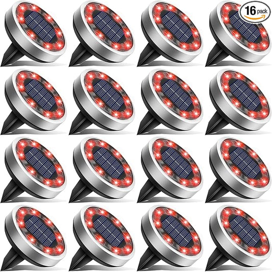 btfarm 16 Pack Solar Lights Outdoor, 8 LED Solar Ground Lights IP65 Waterproof Flat Solar Disc Light, Pathway Lights for Garden Lawn Patio Yard Path Landscape, Red