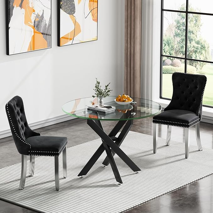 Round Glass Dining Table,Glass Dining Room Table with Metal Legs, Modern Kitchen Table for Home, Kitchen, Dining Room