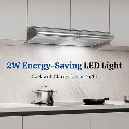 FIREGAS Under Cabinet Range Hood 30 Inch, Ducted/Ductless Convertible Kitchen Vent Hood with 250 CFM, Stainless Steel, 3-Speed Exhaust Fan, Energy-Efficient LED Lights for Stove Ventilation