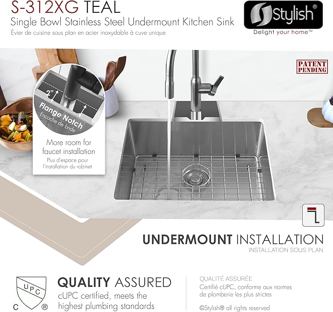 Stylish Undermount Kitchen Sink 25 x 18 Inch 16G Stainless Steel Sink 10mm Radius Corners Single Bowl Kitchen Sinks with Bottom Grid and Luxury Basket Strainer, S-312XG