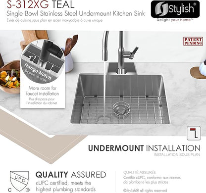 Stylish Undermount Kitchen Sink 25 x 18 Inch 16G Stainless Steel Sink 10mm Radius Corners Single Bowl Kitchen Sinks with Bottom Grid and Luxury Basket Strainer, S-312XG