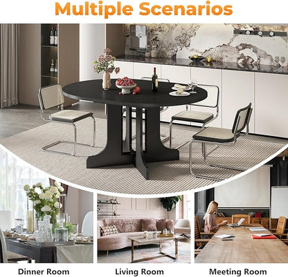 Zevemomo 43"-59" Extendable Dining Room Table for 4-6, Expandable Round Dining Table, Oval Tabletop with Trestle X-Shaped Base & Metal Track for Office, Living Room-Black