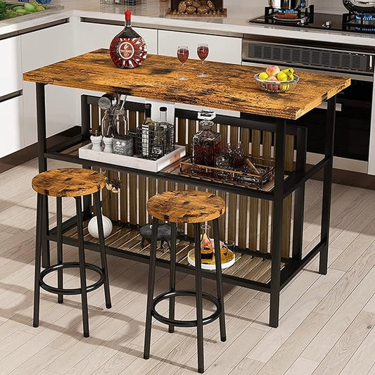 AWQM Kitchen Island with Seating & Storage Shelf, Wooden Island Table for Kitchen, Modern Bar Table and Chairs Set for 2,Dining Table Set for Small Space,Walnut