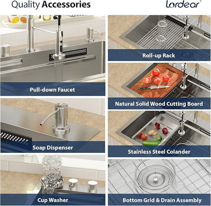 Lordear 33 Drop In Kitchen Sink with Faucet 33x22 Inch Waterfall Kitchen Sinks Topmount Stainless Steel 16 Gauge Single Bowl Workstation Kitchen Sink with Two Multifunctional Switch Knob